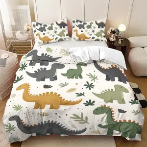3-Piece Cartoon Dinosaur Pattern Bedding Set, Queen Size Comforter Cover and Pillowcases, Elegant Bedroom Decor, Woven Fabric