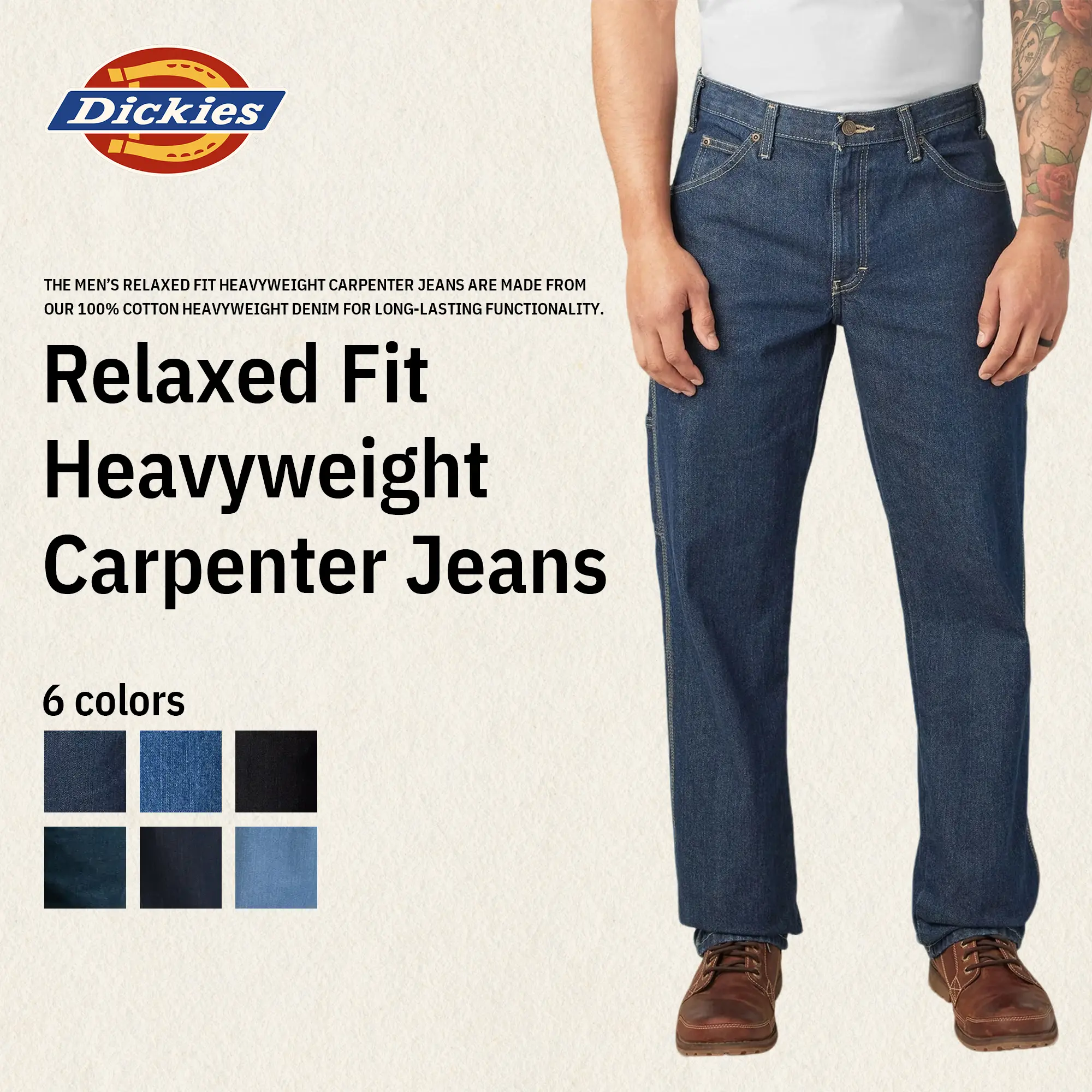Dickies | Relaxed Fit Heavyweight Carpenter Jeans,100% Cotton, Utility Pockets, Hammer Loop, Durable Construction, Classic Workwear Style