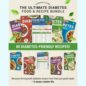 5 Pack Diabetes Food List Chart & 80+ Meal Planner Recipes for Beginner, Laminated Diabetes Diet Plan for Type 1 & 2, Food To Eat - Avoid w/Serving Size, Glycemic Index (GI), Net Carbs Calories