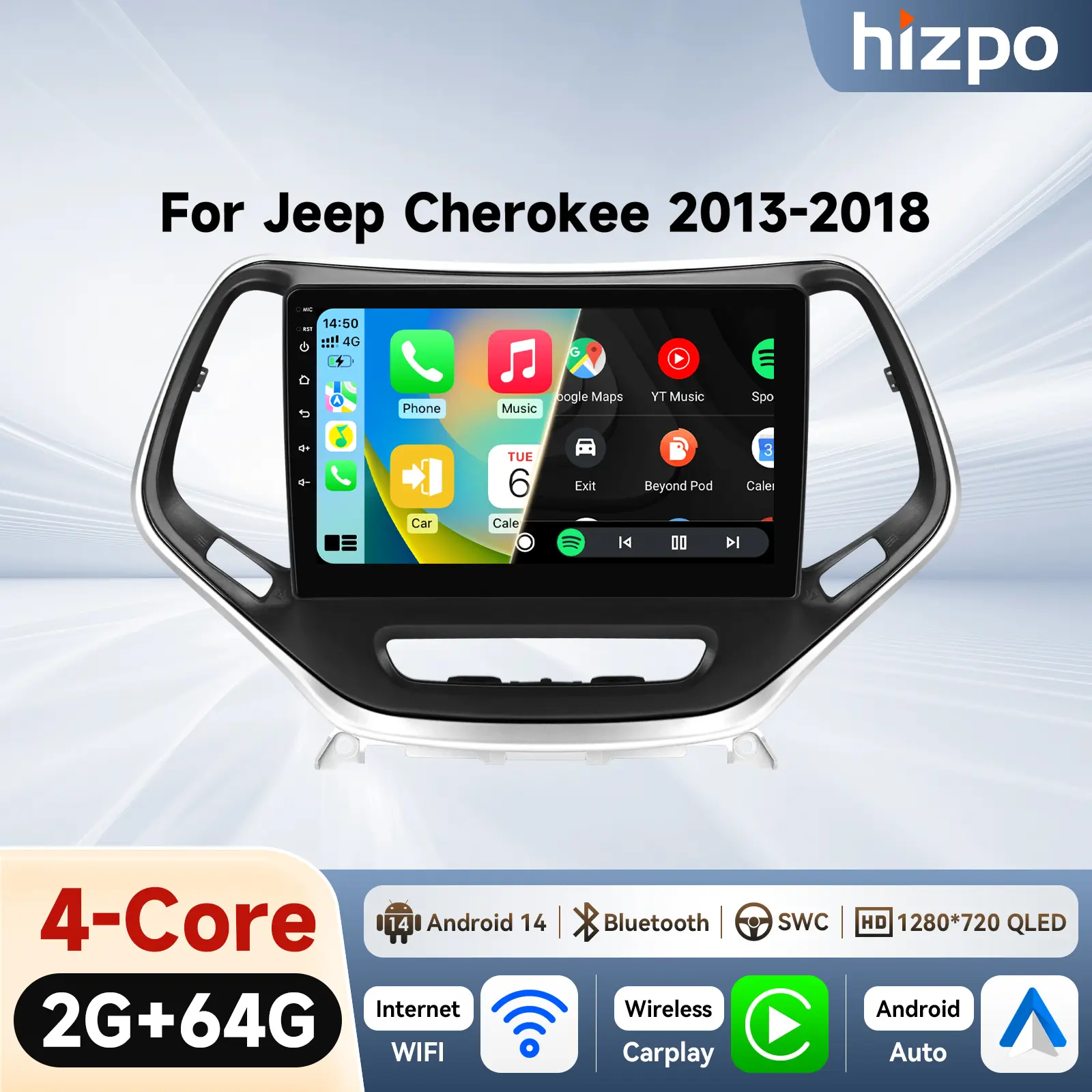 Car Touchscreen Head Unit with LED Display Screen, GPS, Wireless CarPlay, Android Auto & WiFi for Jeep Cherokee 2013-2018 Upgraded Replacement Car Stereo Audio