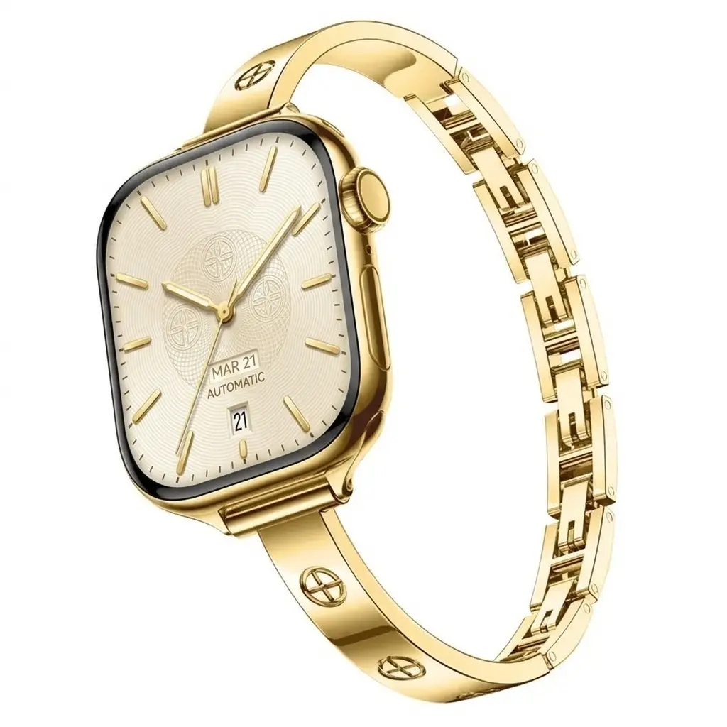 Women's Elegant Thin Gold Stainless Steel Cross-Carved Watch Strap Bangle, Trendy Dressy Band for Apple Watch