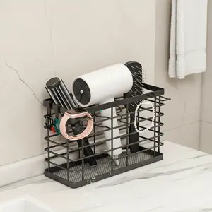 Metal Hair Dryer Holder Basket - Hair Tool Organizer with Three Compartments for Bathroom Storage