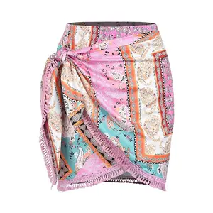Slit Skirt for Women Boho Print Tie Side Wrap Tassel Casual Beach Mini Skirt Womenswear Bottom