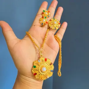Gold Plated Navratna Necklace with Matching Earrings and Adjustable Finger Rings for Women Elegant Jewelry Set