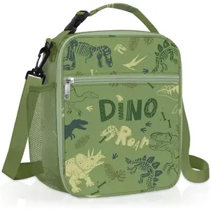 Army Green Dinosaur Insulated Lunch Bag for , Portable Large Thermal Cooler Lunch Bag for Boys, School Lunch Box Bag with Bottle Holder