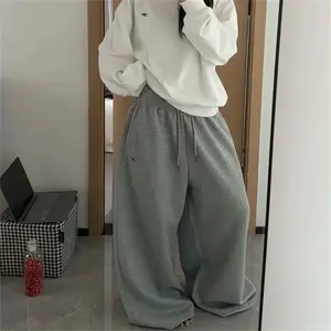 Loose-fit women's gray-black sweatpants, Korean street style loose casual jogger pants, high-waisted versatile drawstring pants