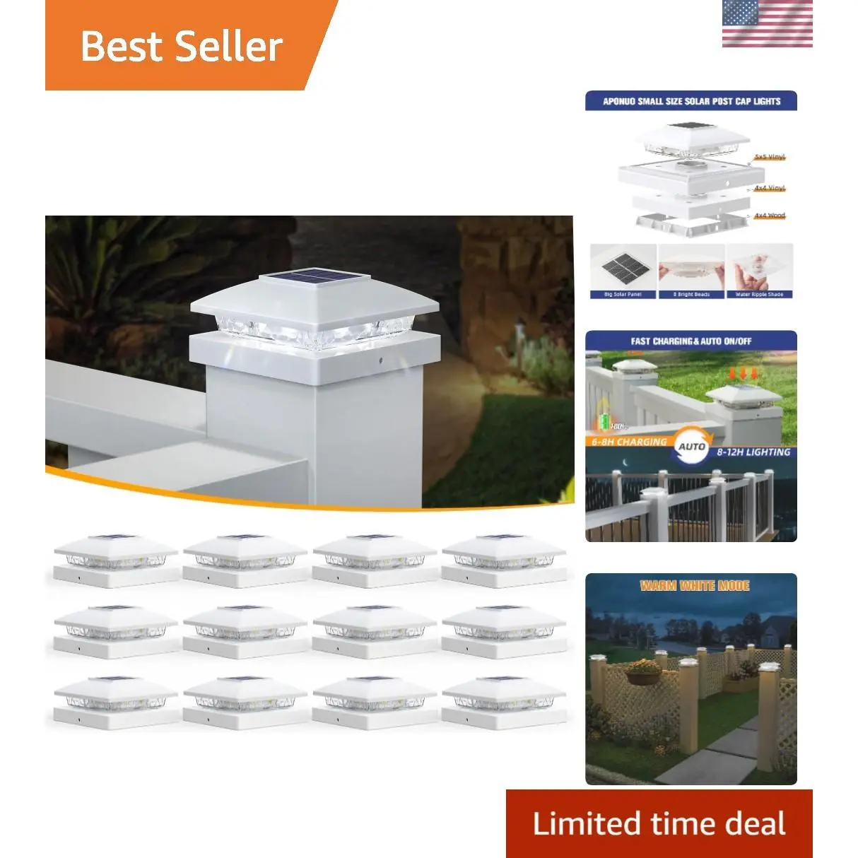 4/6 Pcs Solar Post Cap Lights Cold White IP65 Waterproof LED Deck Fence Lights for 4x4 5x5 6x6 Wooden Posts Solar Powered Garden Patio Yard Lighting