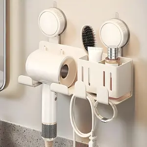 Vacuum Suction Hair Dryer Holder, Wall Mounted Bathroom Organizer Rack, Storage Shelf for Bath Accessories, Space Saving Design