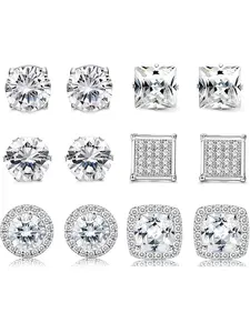 Stainless Steel Cubic Zirconia Earrings, Stud Earring for Women & Men, 6 Pairs Set, Halo Design, Round & Square Shapes, Elegant Jewelry Gift