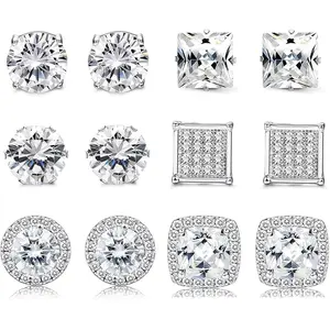 Stainless Steel Cubic Zirconia Earrings, Stud Earring for Women & Men, 6 Pairs Set, Halo Design, Round & Square Shapes, Elegant Jewelry Gift