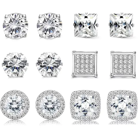 4/6 Pairs Stainless Steel Cubic Zirconia High Quality Earrings for Women Men, Casual Daily Wear, Halo Round Square Design, All Seasons Jewelry