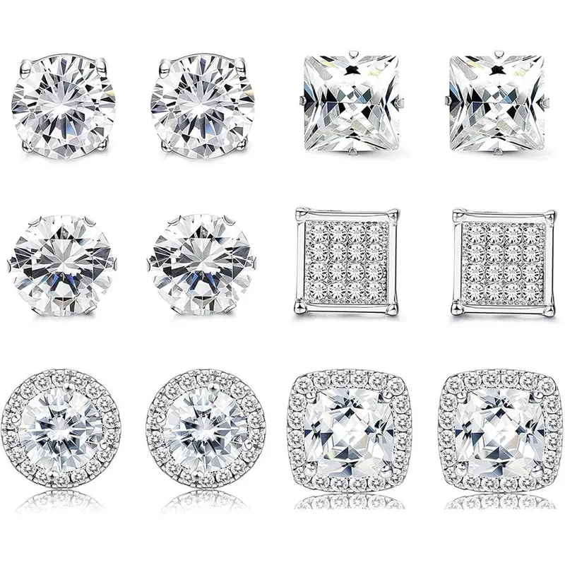 4/6 Pairs Stainless Steel Cubic Zirconia High Quality Earrings for Women Men, Casual Daily Wear, Halo Round Square Design, All Seasons Jewelry