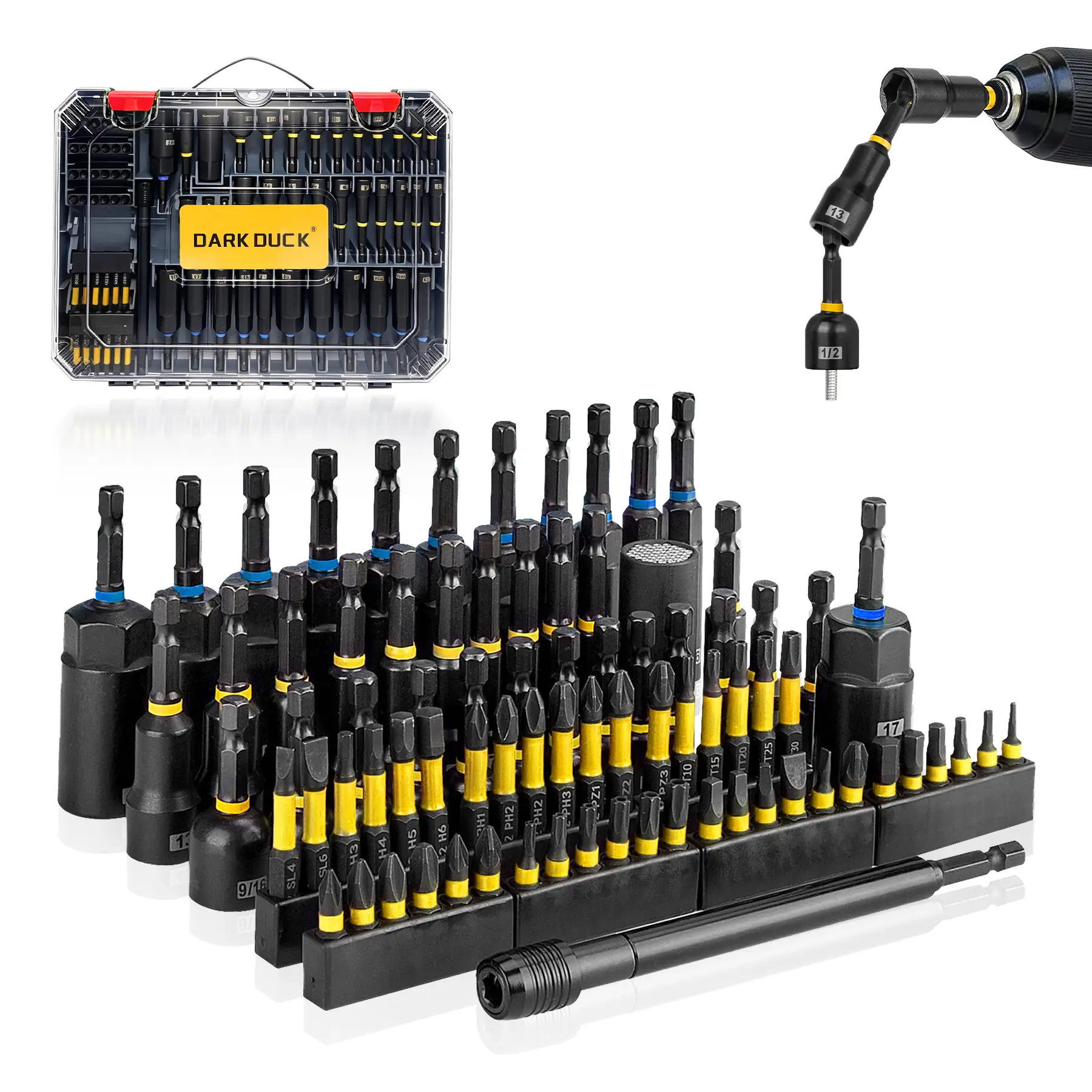DARK DUCK 80-Piece Impact Driver Bit and Nut Driver Set, Magnetic Screwdriver Bits with Metric & SAE Sockets, Universal Socket & Adapters, Premium S2 & CR-V Steel Drill Accessories Set with Storage Case, Impact Socket Set Combination, Magnetic Nut Driver