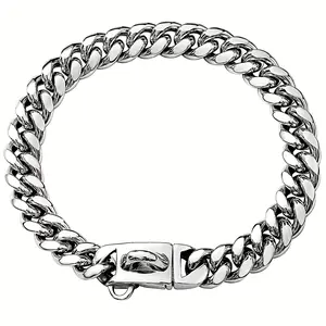 Stainless Steel Silver Dog Collar with Safety Buckle, Cuban Chain Training Collar, 10mm Strong Dog Necklace, Heavy Duty Anti-Bite, Suitable for Small to Medium Dogs