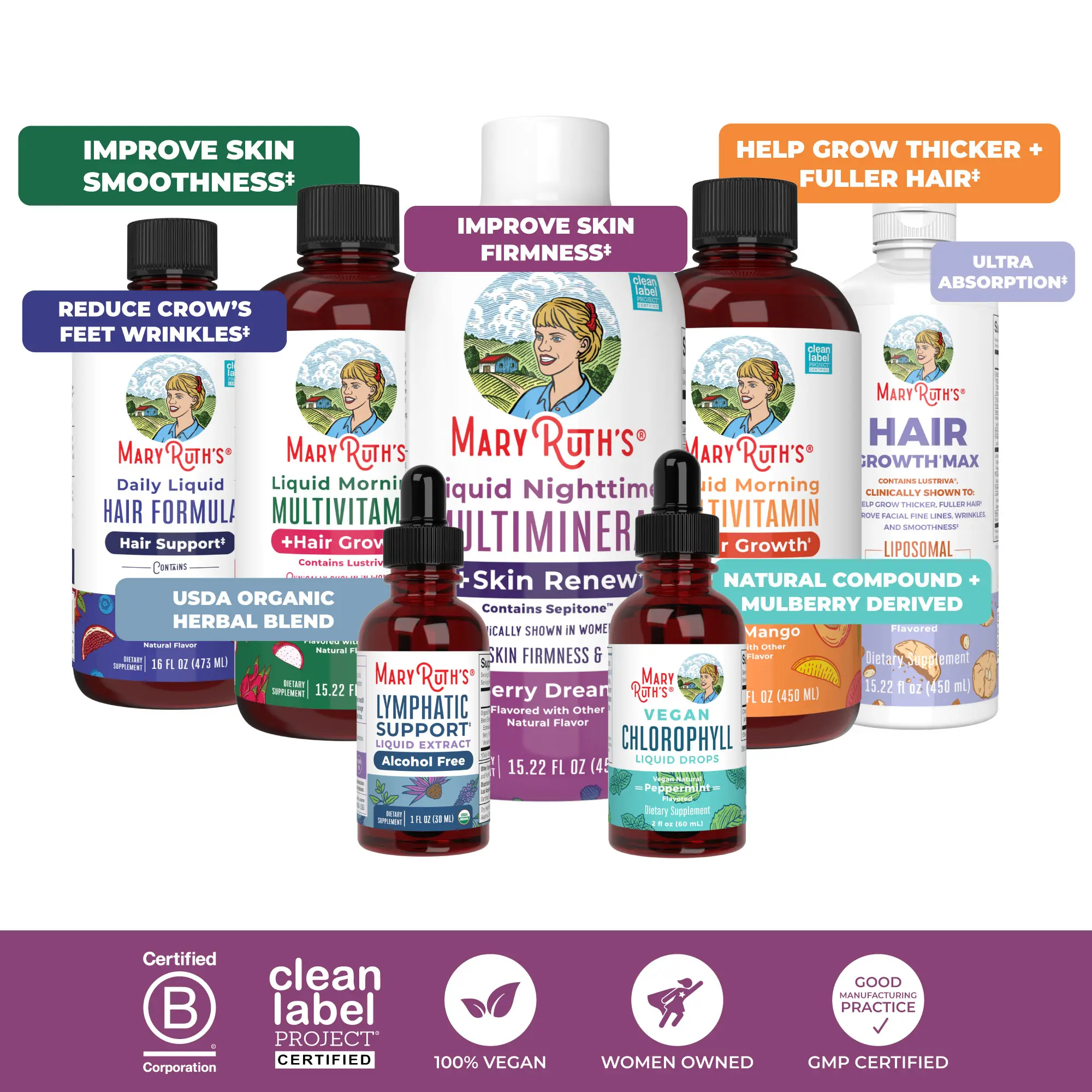 MaryRuth's Best Sellers Bundle - Liquid Multivitamin + Hair Growth Peach Mango & Dragon Fruit Melon 15.22oz - Hair Growth Max 15.22oz - Daily Liquid Hair 16oz - Lymphatic Support Drops 1oz - Chlorophyll Drops 2oz - Liquid Multimineral + Skin 15.22oz