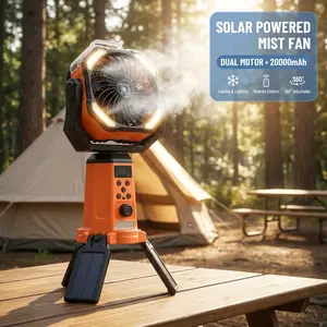 Solar Camping Fan with Mist, 20000mAh Battery Powered Fan with LED Light & Power Bank, Portable Retractable Stand Fan, Remote Control, No Plug Needed for Camping & Home