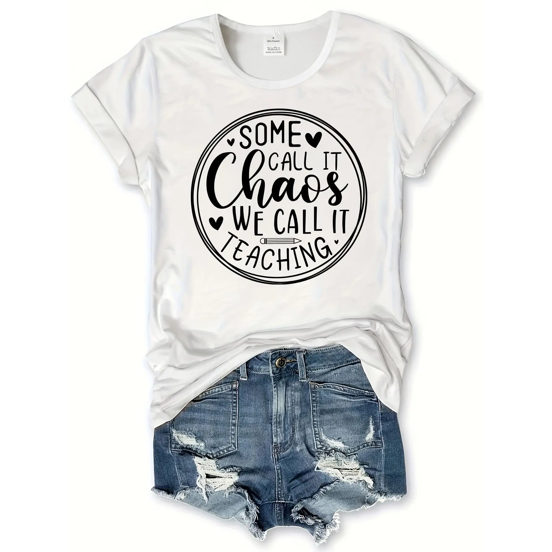 Women's Pure Cotton Short-Sleeve Round Neck Fitted Graphic Tee - Teacher Appreciation Top with Alphabet Cartoon Print, Applique Detail, Regular Length Knit Fabric for Spring/Summer