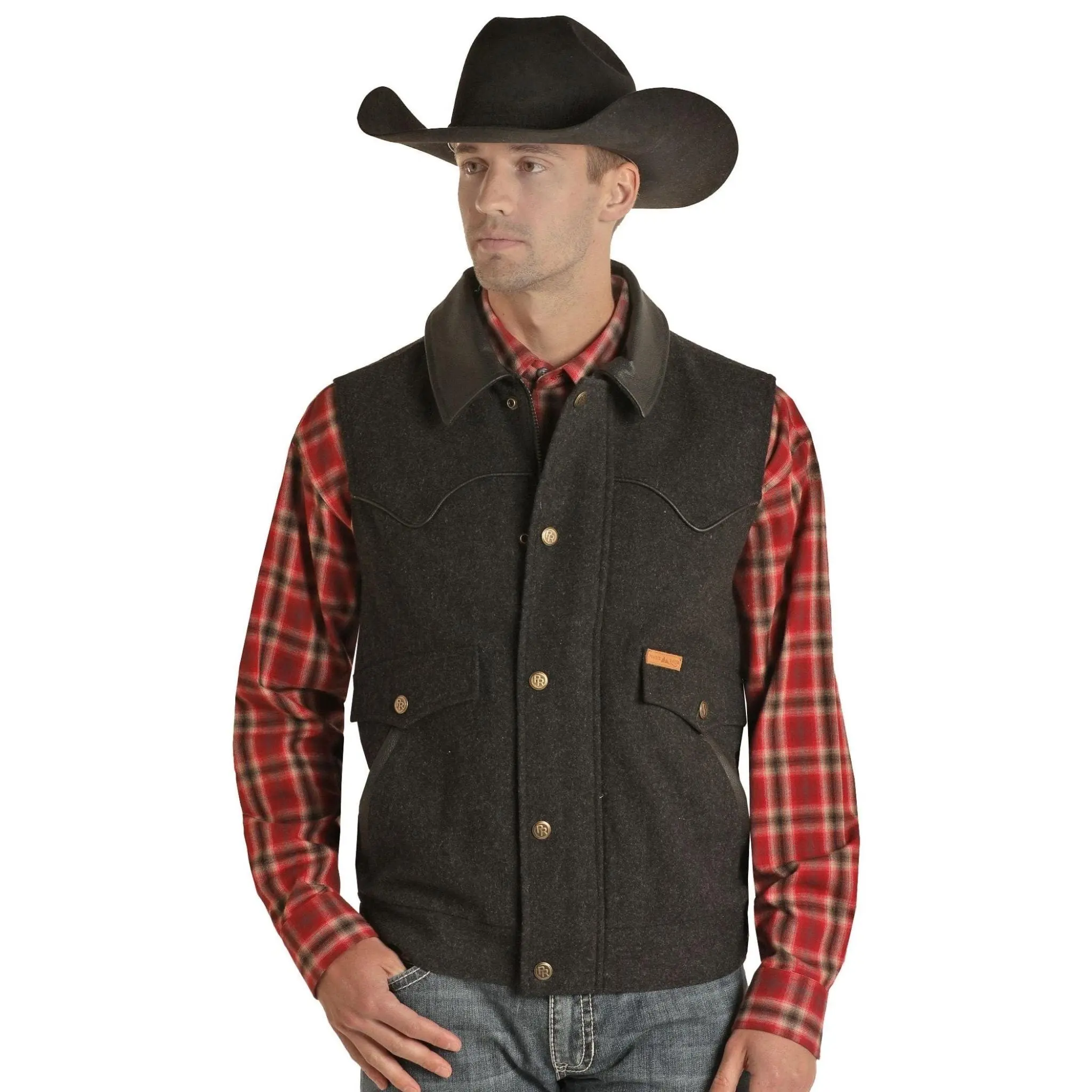 Men's Distressed Holbrook Heather Wool Sleeveless Waistcoat - Black, Polyester-Blend Accents, Leather Trim, Snap Closure, Flap Diagonal Welt Pockets, Piping, Casual Gilet, Menswear, Zip, Tops