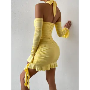 New Long-sleeved Dress European And American Sexy Halterneck Pleated Hip Ruffle Irregular Skirt Casual Fabric Womenswear Summer eve cierra coachella outfit sundress summer outfits Formal Polyester Slit Lemon Yellow