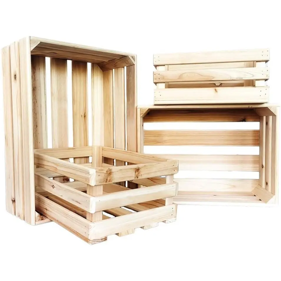 Set of 4 Wooden Crates for Display and Storage Ideal for Books Artworks Milk Wine Outdoor Gardening Tools Picnic Supplies Flower Stand Shop or Exhibition Display Organizer Decorative