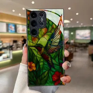 Phone case: Hummingbird Dancing in Stained Glass Black tempered glass shell for Samsung Galaxy S26 S25 S24 S23 S22Pro S21 S20 Fe Plus Ultra Pro A56 A55 A54 A53 A52 A51 A36 A35 A34 A32 A26 A25 A24 A23 A16 A15 A14 A06 A05 A03s