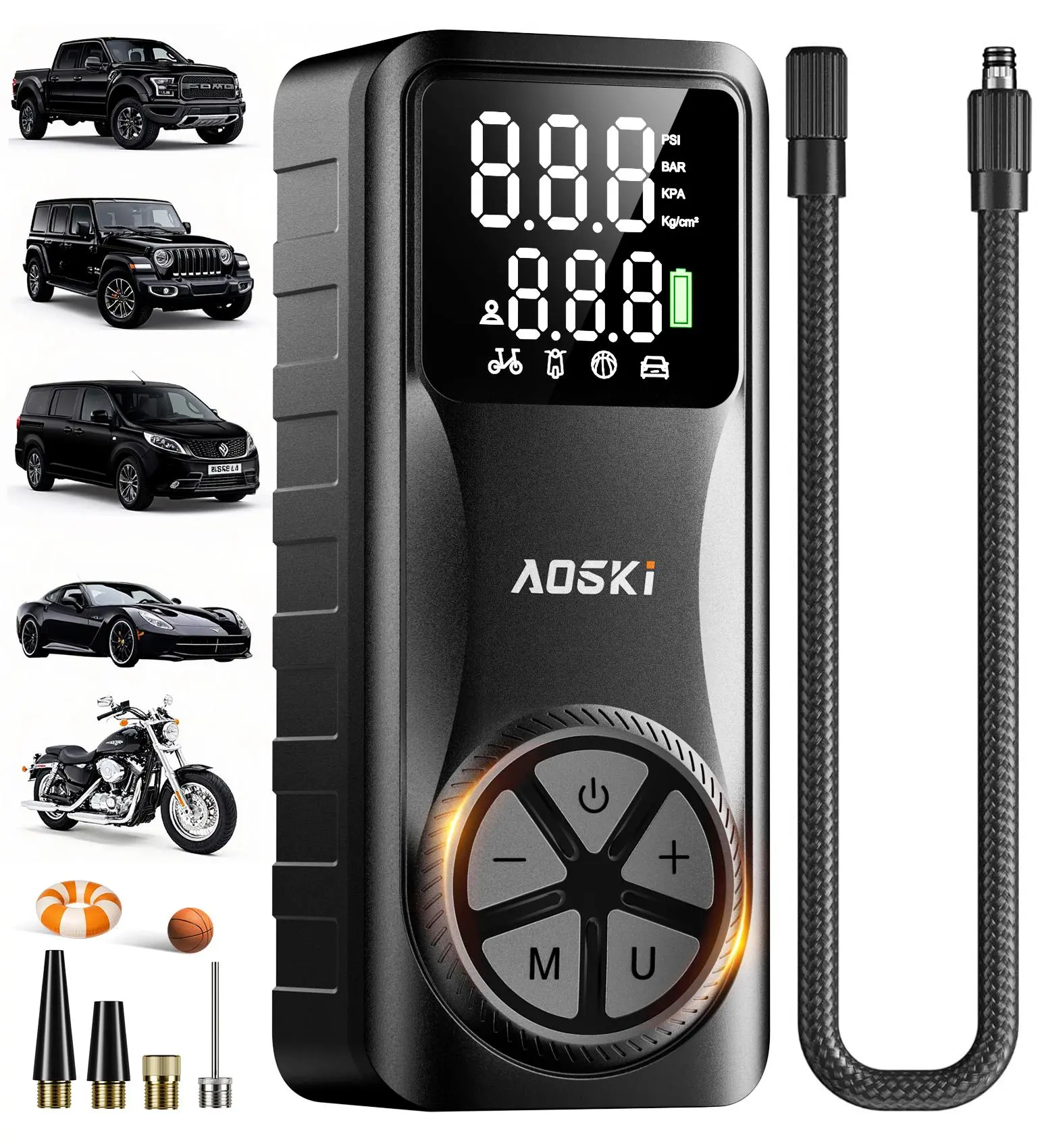 Tire Inflator Portable Air Compressor - Air Pump For Car Tires with Digital Pressure Gauge, LED Light and Auto Shut-Off Function - Cordless Pump for Car, Motorcycle, Bicycle, Ball