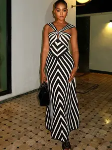 2026 Summer New Arrival: Stylish and Chic Women's Wear - Printed Black and White Striped Tank Dress, V-Neck Cutout Cross Design Long Dress, Versatile for Beach Getaways, Parties, and More - Fashionable Flared Skirt Dress