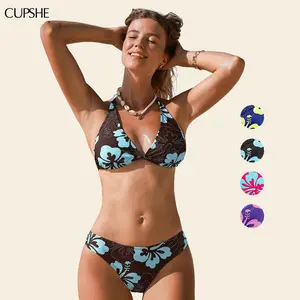 CUPSHE TikTokShopSpringGlowUp Lime Blossom V-Neck Halter Bikini Sets Swimsuit - Soft Cup Support & Low-Rise Cheeky Bottom | Retro Floral Cottage-Core Swimwear SpringStatements