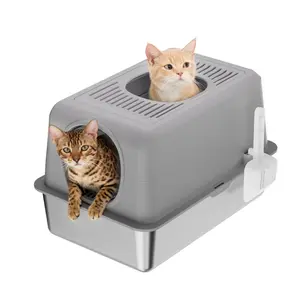 Large Stainless Steel Cat Litter Box with Lid – Fully Enclosed, High Sided, Dual Entry (Front & Top) – Odor Resistant, Anti-Leak, Non-Stick Easy-Clean Durable Metal Tray, Includes Scoop – Modern Covered Cat Toilet for Big Cats