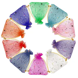 Gold Moon Star Organza Bags - Small Drawstring Mesh Sachet Pouches, Sheer Favor Bags for Jewelry, Candy, Wedding Party & Christmas Stocking Stuffers