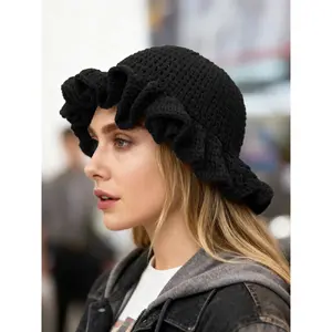 Ladies' Solid Color Hollowed-out Hand-crocheted Bucket Hats, Ruffled Fisherman Hats, Casual Style Knitted Hats, Suitable for Autumn and Winter