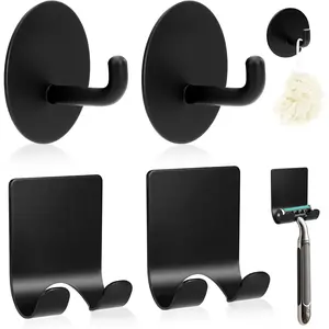 4 count Black Razor Holder Bathroom Hooks Adhesive Heavy Duty Stainless Steel Multi Storage Shower Hooks, Removable and Drill-Free Hook for  Razors Towels Loofahs Clothes
