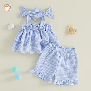 Toddler Baby Girl Clothes Summer Plaid Outfit Sleeveless Ruffle Dress Top+plaid Shorts Little Girl 2 Pieces 6M-4Y