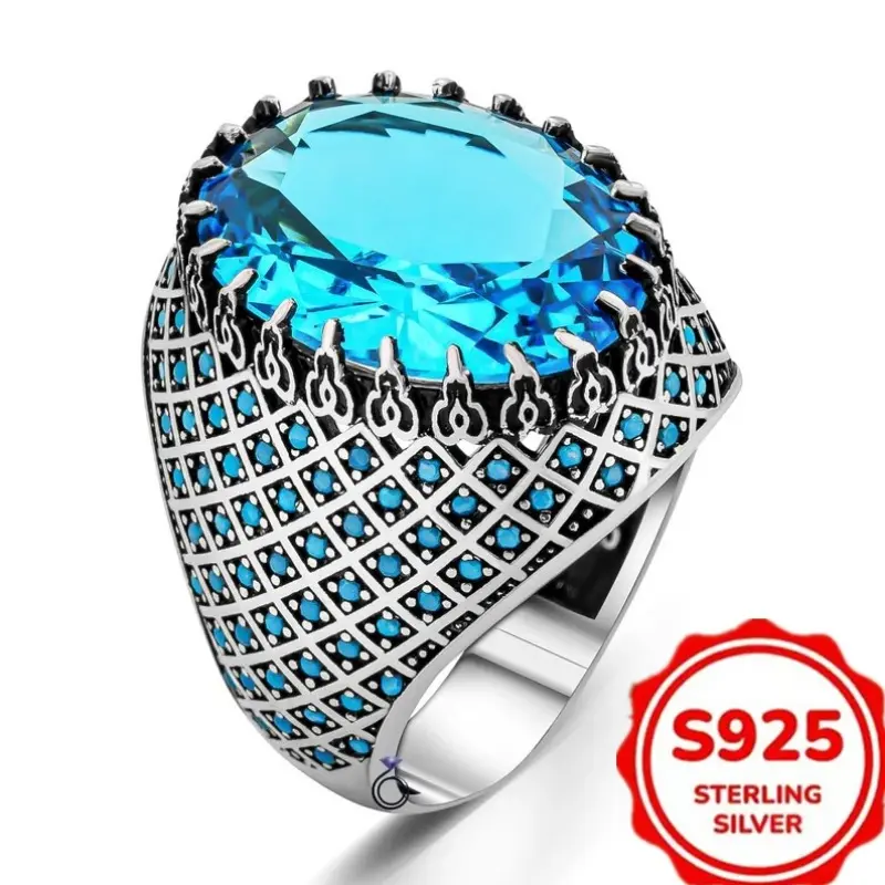 Men's 925 Silver Retro Blue Moissanite Ring - Male Fashion Jewelry Accessory, Ideal for Daily Wear, Father's Day Gifts, Wedding Occasions, Retro Look, No, Personality, Single Ring
