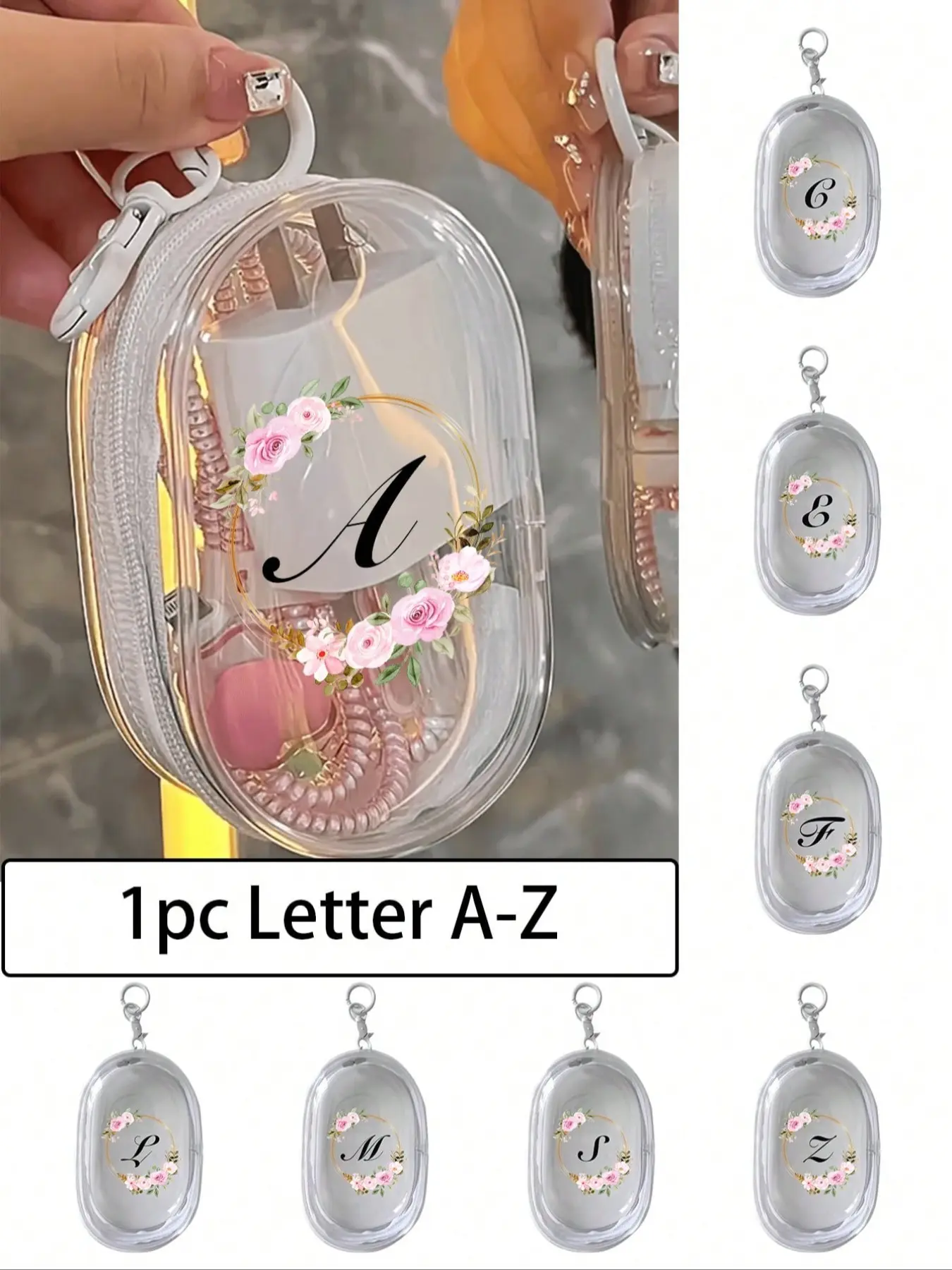 Portable Mini Transparent Zipper Storage Bag, Clear Zipper Pouches, Pink Flower Wreath Letters A-Z, Couple Bag Pendant, Compact Multifunctional Organizer, Headphone And Charger Case With Keychain, Black Colors, Compact, Floral, Pouch