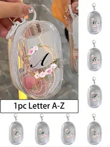 Portable Mini Transparent Zipper Storage Bag,Pink Flower Wreath Letters A-Z，Couple Bag Pendant，Compact Multifunctional Organizer, Headphone And Charger Case With Keychain, Transparent Travel Accessories, Black Colors, Exquisite Compact, Pouch