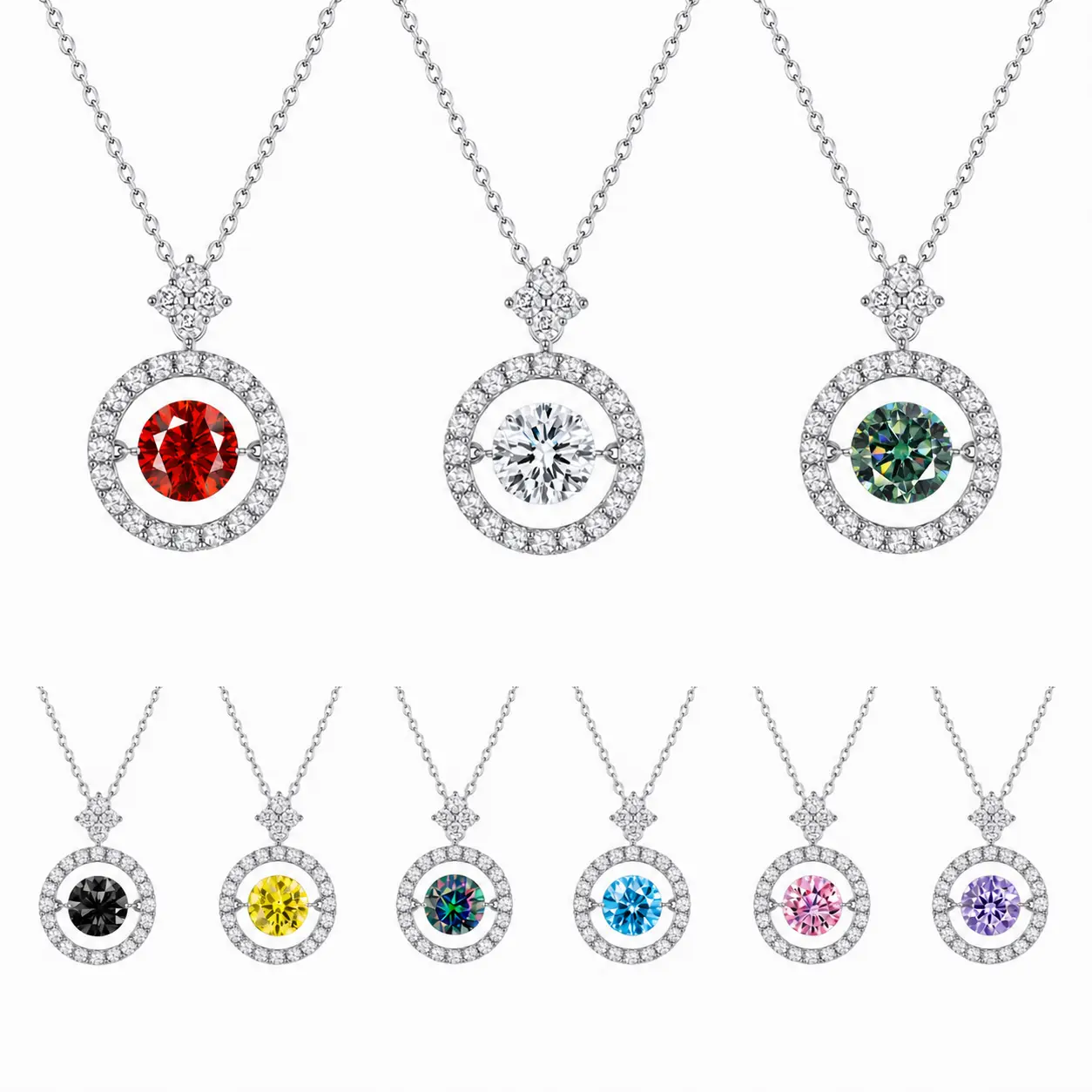 Women's S925 Sterling Silver Moissanite Necklace, D Color VVS Dancing Stone Round Halo Pendant with 4-Stone Floral Accent, O Chain, Birthday Anniversary Gift