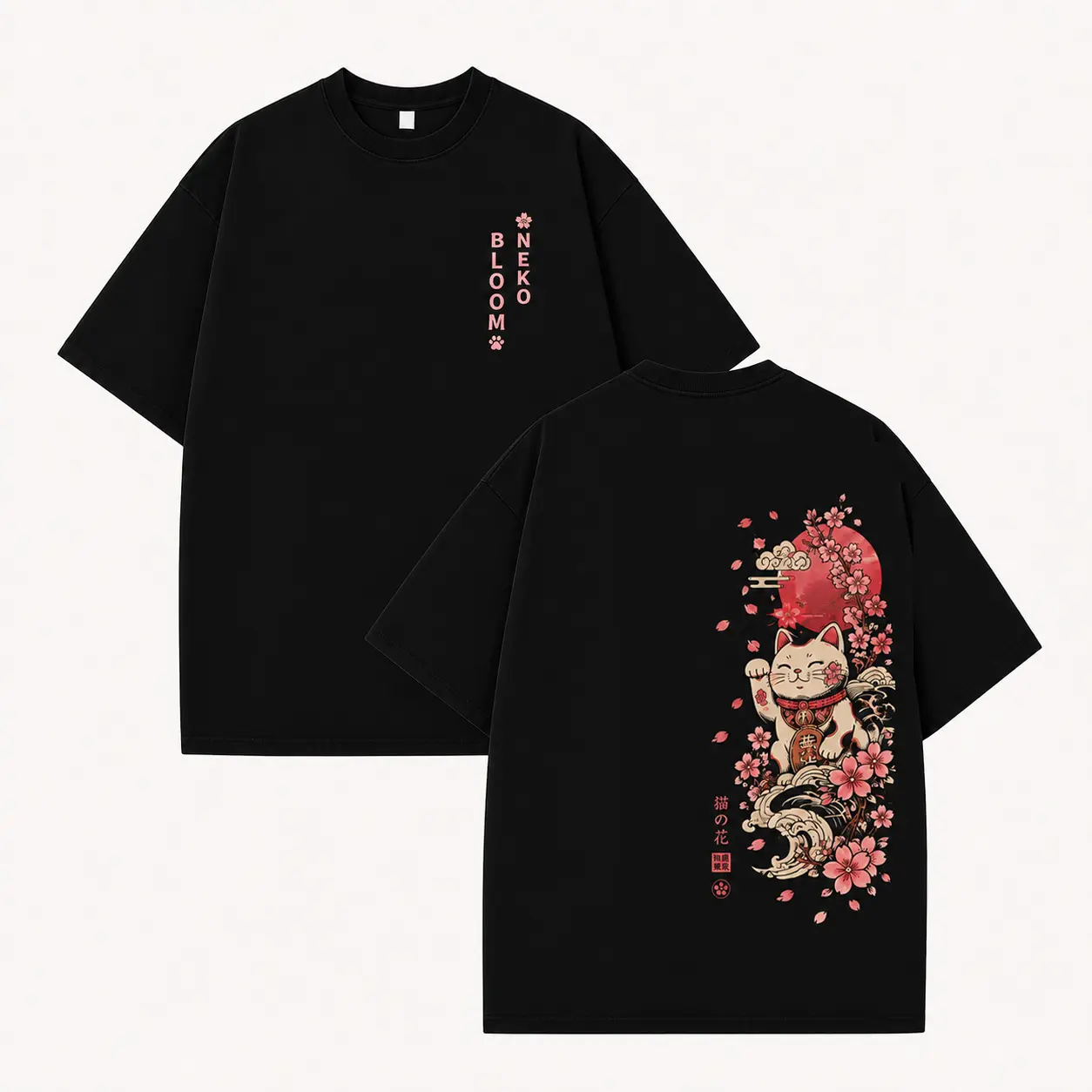Vintage Japanese Lucky Cat Graphic Tee Sakura Blossom Oversized T-Shirt Retro Harajuku Streetwear Unisex Cotton Shirt casual top