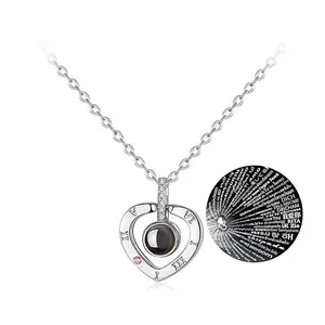 I Love You Heart Projection Necklace - 100 Languages Pendant Necklace for Women, Mom, Valentine's Day & Birthday Gifts Chunky Jewelry Charm Necklace