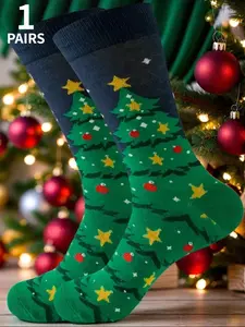 1 Pair of Men's Holiday Christmas Tree Socks Star-patterned design Breathable and comfortable Perfect as holiday gifts or Christmas decorations Autumn sock style