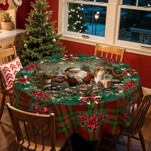 1pc Vintage Christmas Tablecloth with Santa & Reindeer Design - Round Table, Rectangle Table Cover, Festive Red & Green Plaid Polyester Table Cover for Indoor/Outdoor Holiday Parties, Kitchen Decor and Gifts, Christmas Table Cloth