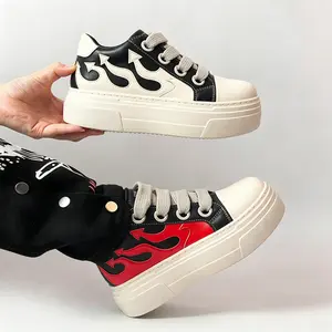 Unisex Flaming Canvas Sneakers Thick Sole Platform Round Toe Lace Up Casual Fashionable Trendy Comfortable Sports Walking Concert Modern Footwear for Men Women