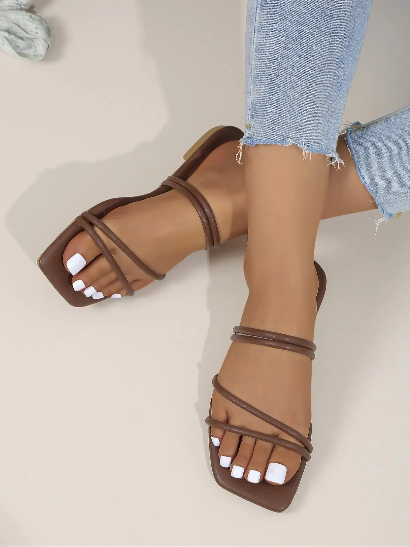 Women's Fashionable Plain Slide Sandals, Casual Comfortable Flat Sandals for Summer, Female All-match Square Toe Sandals for Daily Wear