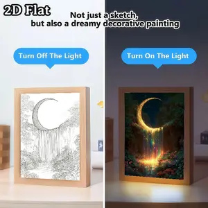 Fantasy Moonlit Forest Art with Waterfall LED Light Painting USB-Powered, Adjustable Desk Lamp, Polished Wood Frame, Perfect for Living Room, Bedroom, Birthday Gift, Bedroom, Room Decor