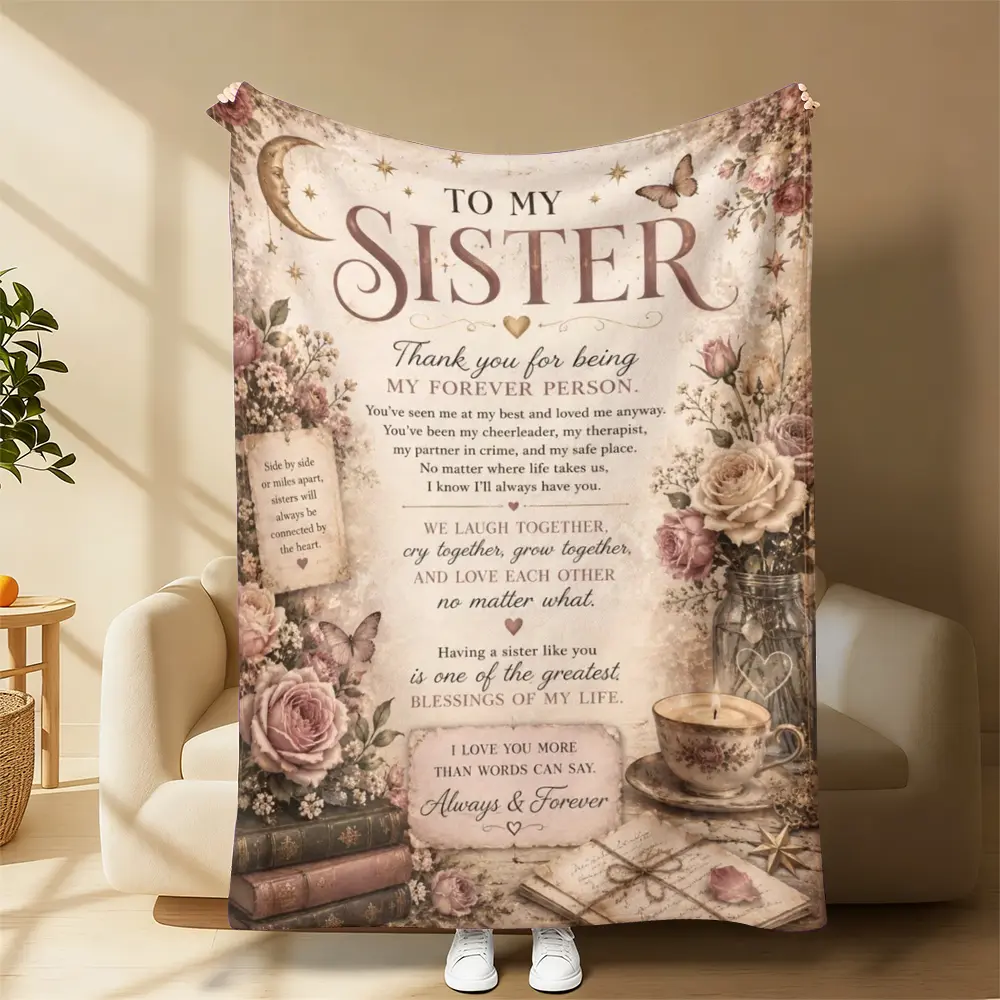 To My Sister Vintage Quote Blanket, Sentimental Sister Message Print Fleece Throw Blanket, Floral Moon Butterfly Art Blanket For Sofa Bed Nap Couch Use, Indoor Warm Throw Home Decor, Birthday Graduation Xmas Gift For Sister Sibling Family Gift