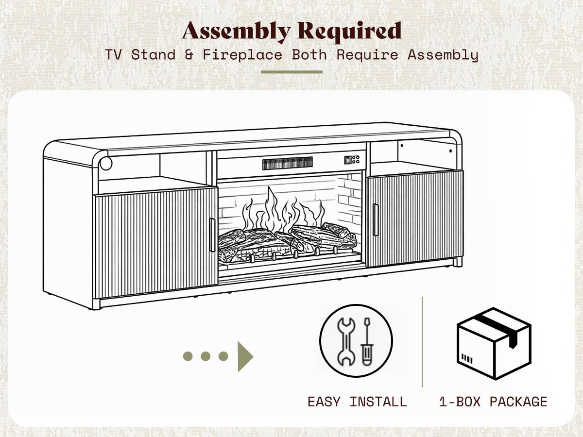 AMERLIFE 70" Fluted Fireplace TV Stand for TVs Up to 80", Modern TV Console with 30" Electric Fireplace & Storage Cabinets, Media Entertainment Center for Living Room