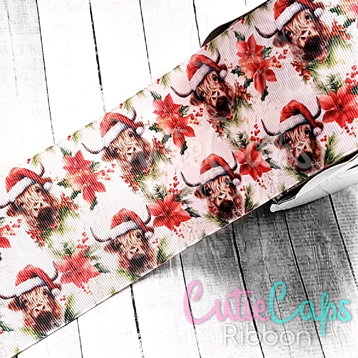 Christmas Highland Cow Grosgrain Ribbon - SOLD IN 5 YARD ROLLS
