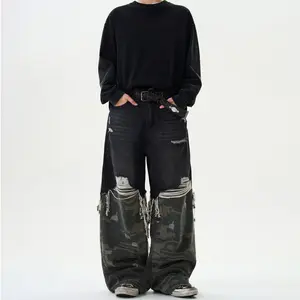 Men's Black & Camo Patchwork Baggy Jeans, Two-Tone Distressed Denim Pants with Frayed Hem & Camo Lower Panels, Y2K Grunge Streetwear Wide Leg Trousers