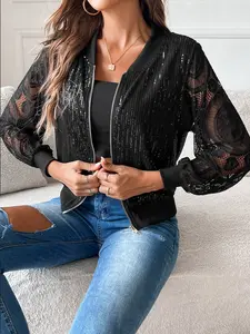 Women's Elegant Sequin Lace Floral Patchwork Long Sleeve Lightweight Lace Baseball Jacket Coat, Fitted Plain Design Spring & Fall