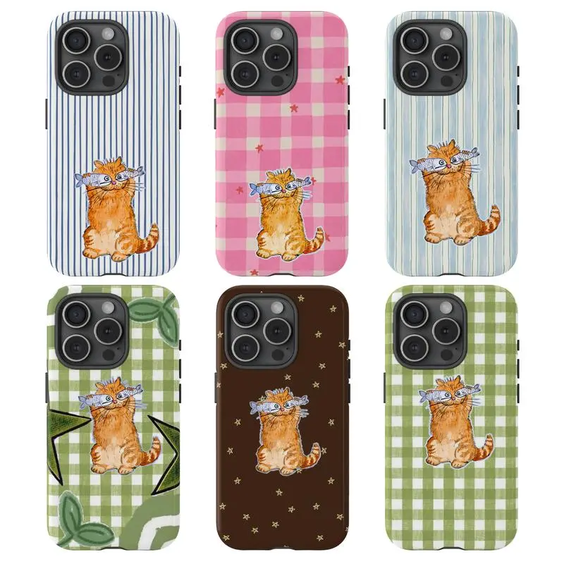 Cute Orange Cat Phone Case with Fish – Pastel Pattern Protective Cover, Gift for her, Gift for him, For iPhone 17 16 15 14 13 12 11, Cartoon Phonecover, Ocean, Stripe checker phonecover
